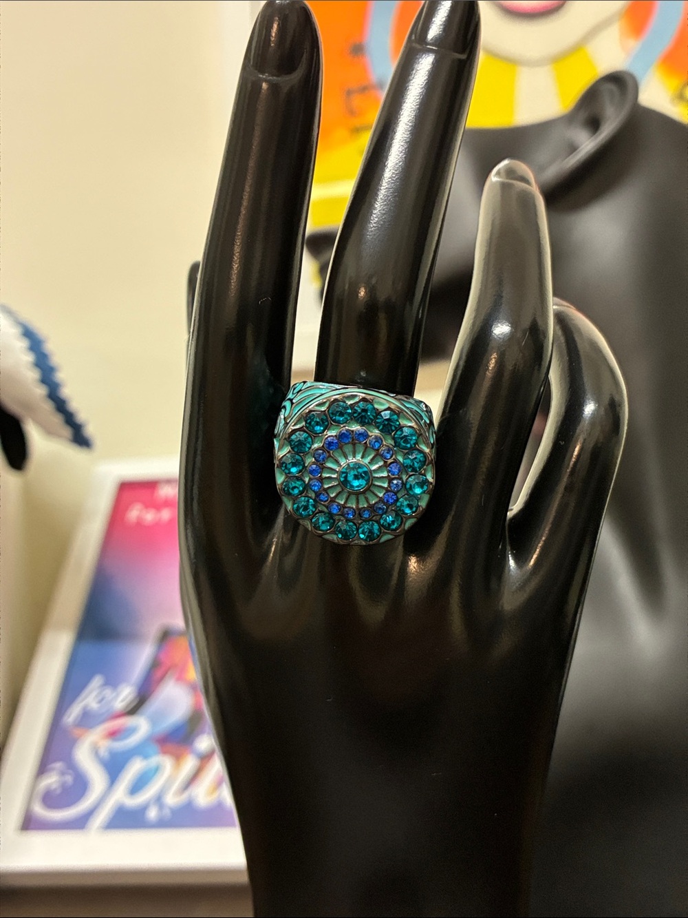 Turquoise Crystal Statement Cocktail Ring - Bohemian Art Deco Maximalist Whimsy